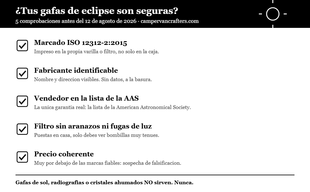 Infografia en blanco y negro: cinco comprobaciones para saber si tus gafas de eclipse ISO 12312-2 son seguras antes del 12 de agosto de 2026