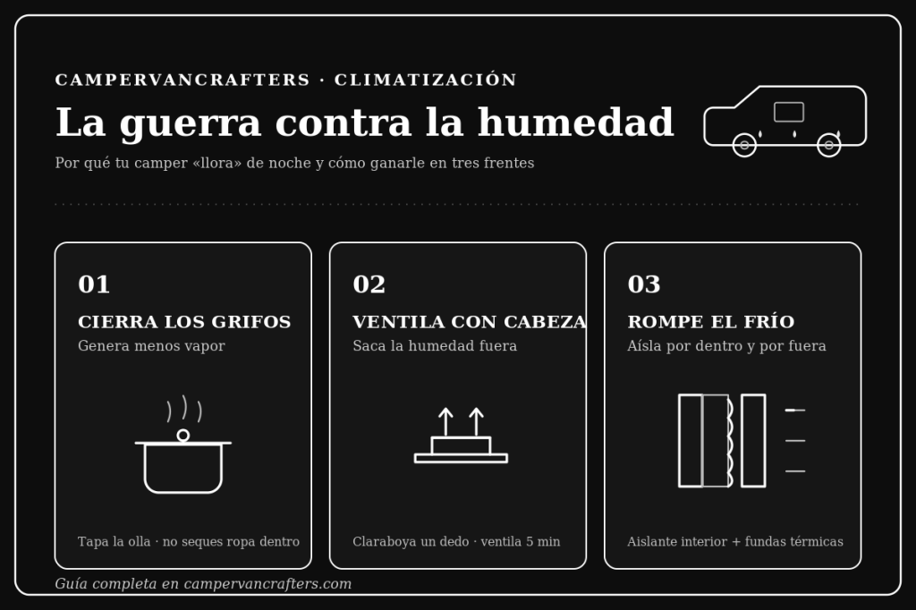 Infografía CampervanCrafters en blanco y negro: los tres frentes contra la condensación y la humedad en la camper