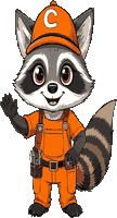 Craftero, la mascota de CamperVanCrafters, un mapache con mono naranja saludando con la mano