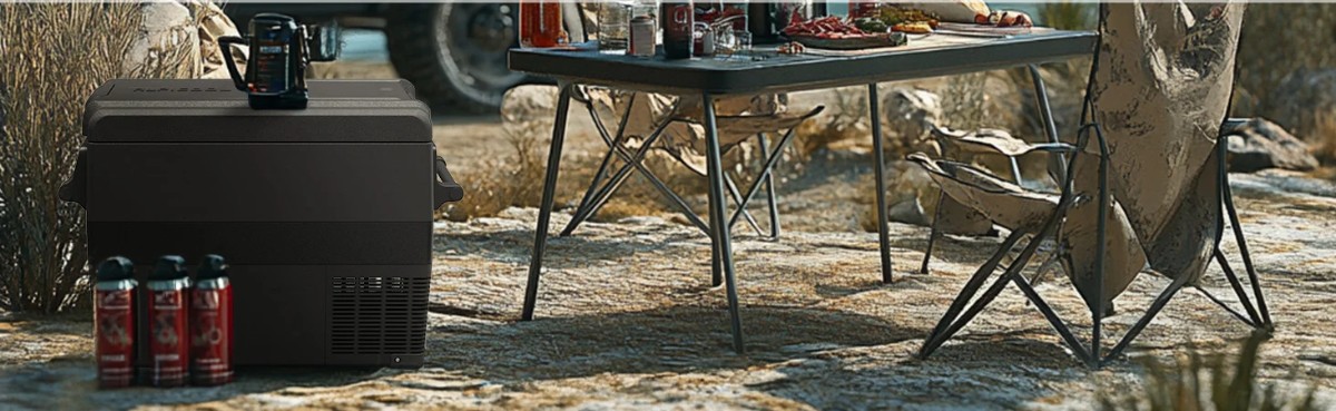 Nevera de compresor portátil junto a una mesa de camping al aire libre