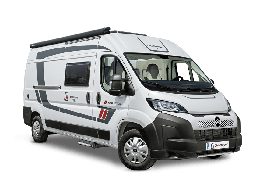 Furgoneta camper Challenger V114 blanca sobre Citroën Jumper, vista delantera lateral