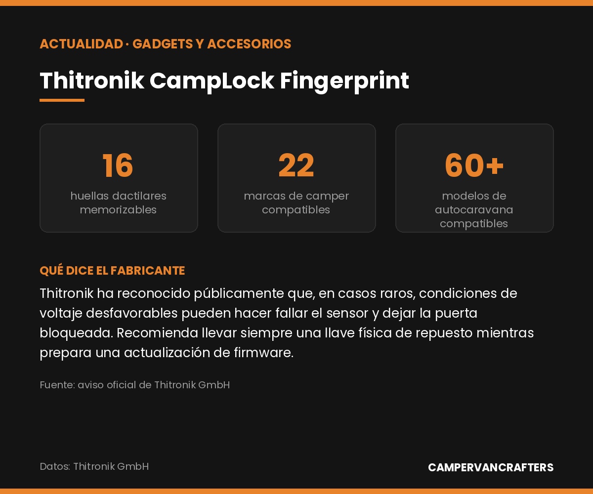 Infografía con los datos clave del Thitronik CampLock Fingerprint: 16 huellas memorizables, compatible con 22 marcas y más de 60 modelos, y el aviso oficial del fabricante sobre el fallo del sensor