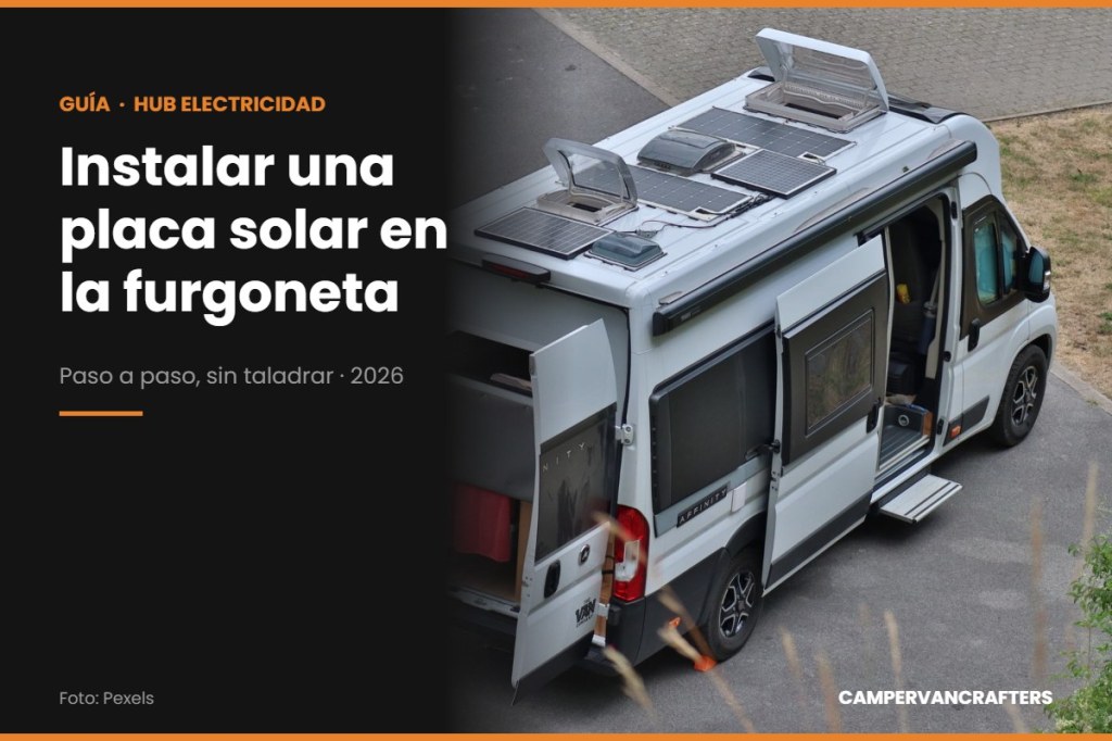 Furgoneta camper vista desde arriba con placas solares montadas en el techo — guía de instalación paso a paso