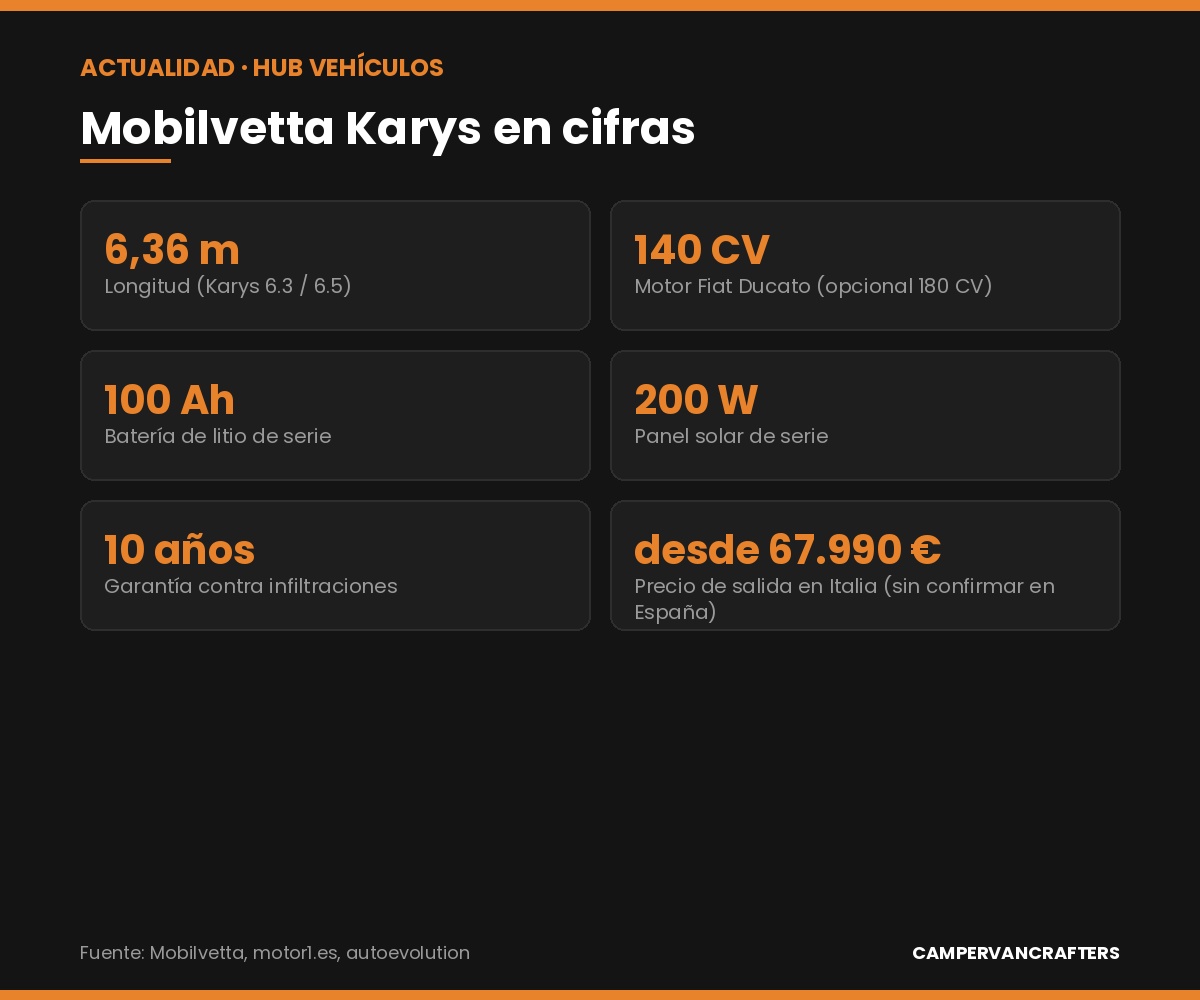 Infografía con las cifras clave de la Mobilvetta Karys: 6,36 m, 140 CV, litio 100 Ah, solar 200 W, garantía 10 años, precio desde 67.990 euros en Italia
