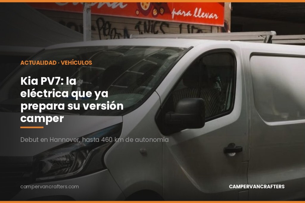 Furgoneta blanca de perfil similar al Kia PV7 (foto de stock ilustrativa, no el modelo real) con el titular de la noticia sobre el debut del Kia PV7 en el IAA Transportation 2026