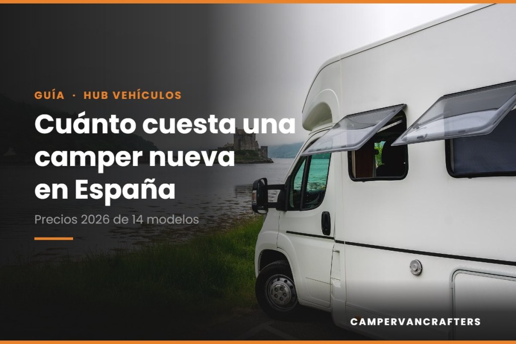 Autocaravana blanca aparcada junto a un lago: portada de la guía de precios de campers nuevas en España 2026