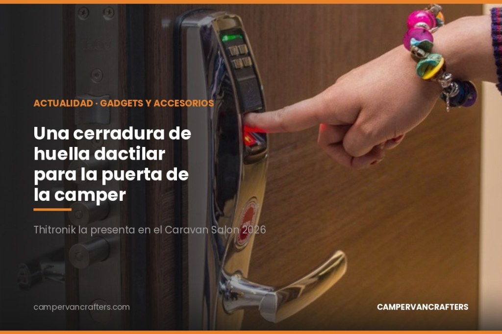 Cerradura biométrica de puerta con sensor de huella dactilar, imagen ilustrativa (no es el modelo Thitronik CampLock real)