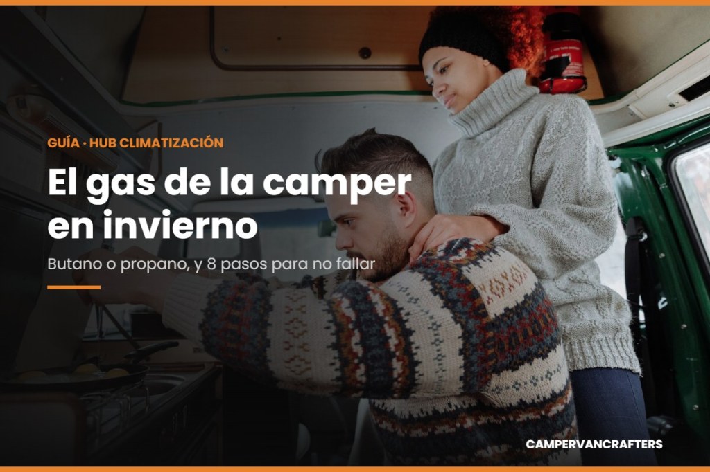 Pareja cocinando en el hornillo de gas de una furgoneta camper en invierno, con el titular El gas de la camper en invierno